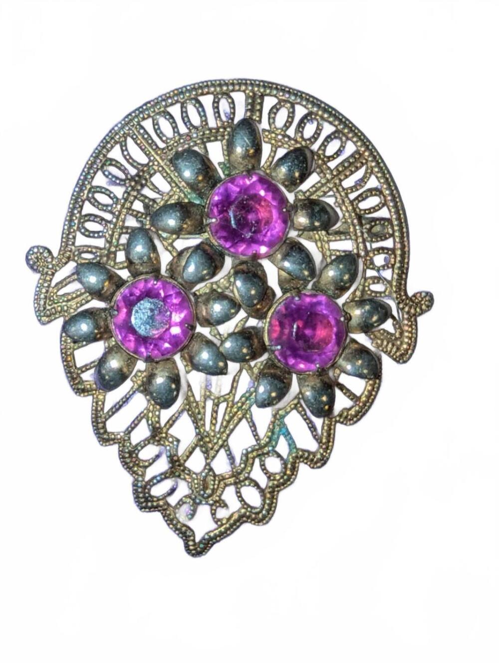 Vintage Gold Tone Filigree Brooch Pin with Purple Glass Stones